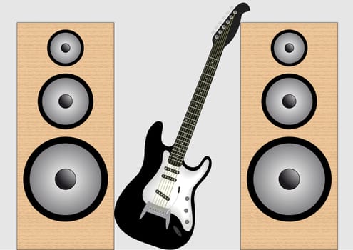 Black and white guitar with two speakers