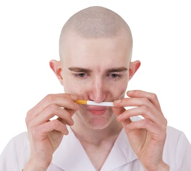 The man with a cigarette in a hand on a white background