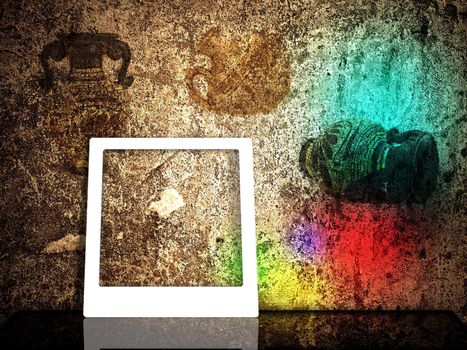 Photo frame against abstract grunge shabby background with retro vases images and rainbow