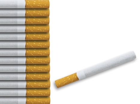 row of cigarettes with copyspace against white background 