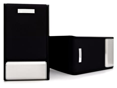two loudspeakers with copyspace against the white background