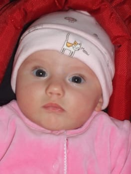 Baby caucasian girl sitting in car seat.