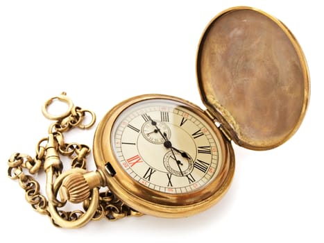 old opened vintage pocket clock against the white background