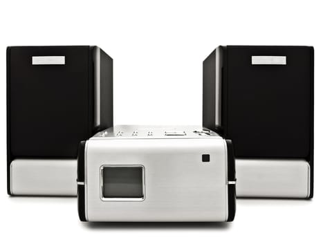 Photo of modern digital cd player against the white background