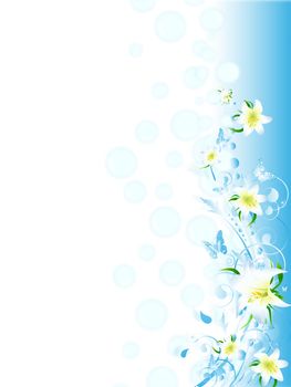 lily floral frame in blue with swirls and foliage with copyspace for your text  