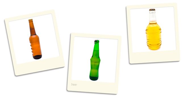 Thre old style photos of beer over white background