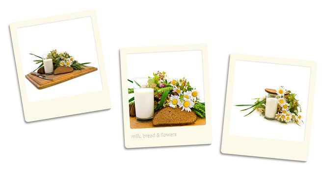Thre old style photos of milk and bread over white background