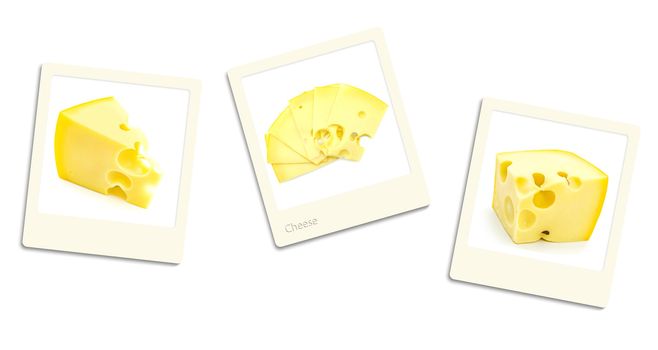 Thre old style photos of cheese over white background