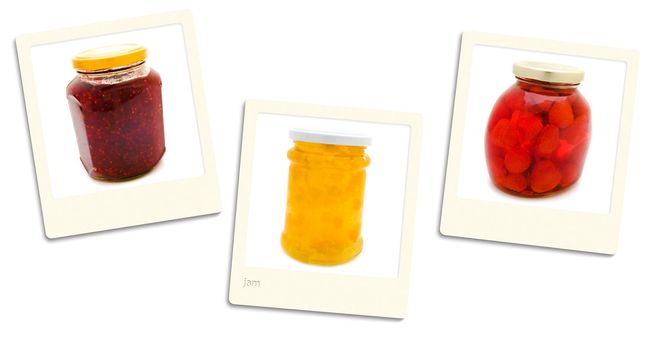 Thre old style photos of jam over white background