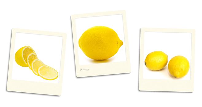 Thre old style photos of lemon over white background