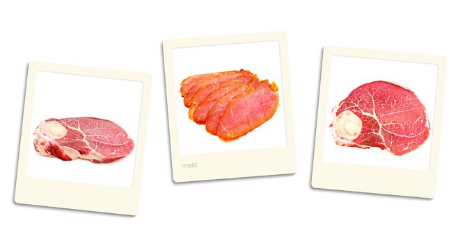 Thre old style photos of meat over white background
