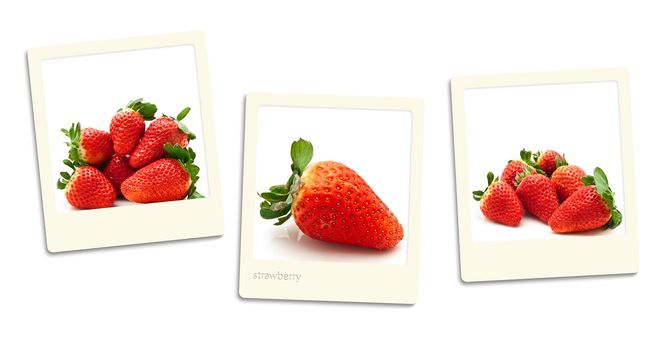 Thre old style photos of strawberry over white background
