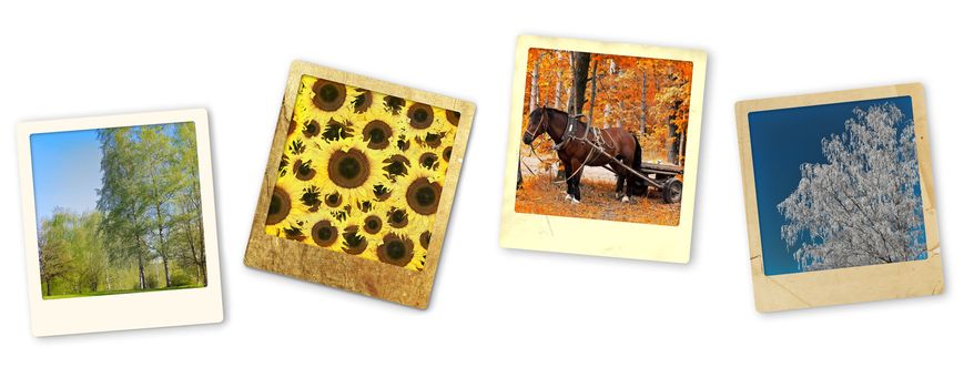 Photo of four seasons in old vintage frames against white background