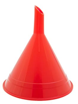 red plastic kitchen funnel against white background 