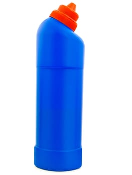 Detergent blue bottle against white background