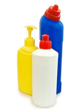 different detergent bottles against the white background