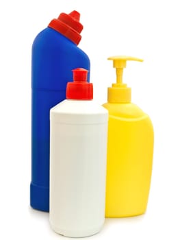 different detergent bottles against the white background