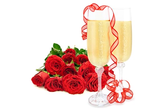  roses bouquet and champagne over the white background