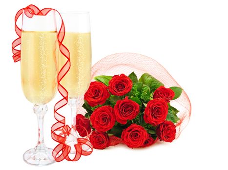  roses bouquet and champagne over the white background 