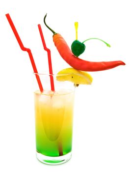 hot multicolored coctail with chilli pepper, lemon and cherry against white background