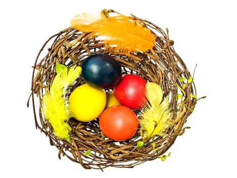 easter spring nest with multicolored eggs against white 