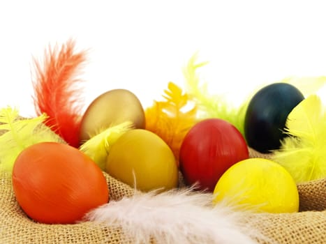 easter composition with multicolored eggs and feathers at brown sacking against white