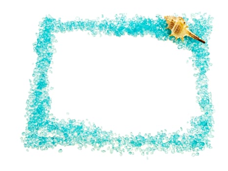 marine border with blue stones and sea shell against white. Copyspace for your text