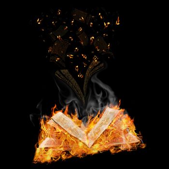 open magic book in flame and flying letters against black background 