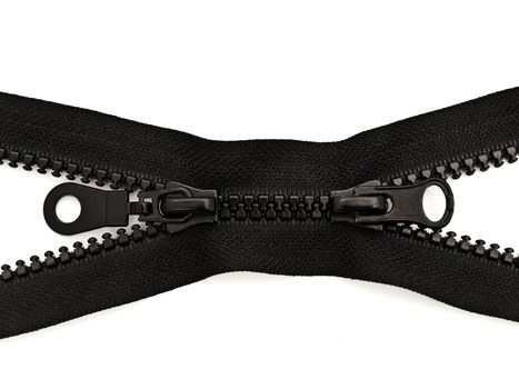 black plastic opened double zipper against white background