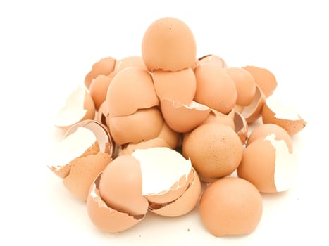 Heap of egg shell against white background