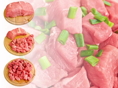 different views of meat on hardboard over meat background