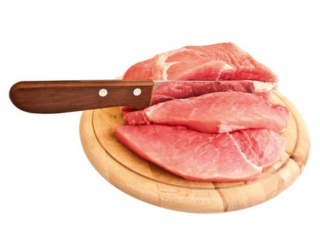 piecies of meat with knife on the hardboard over white
