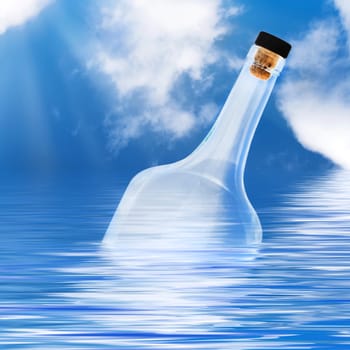 empty bottle in the water over bly sky