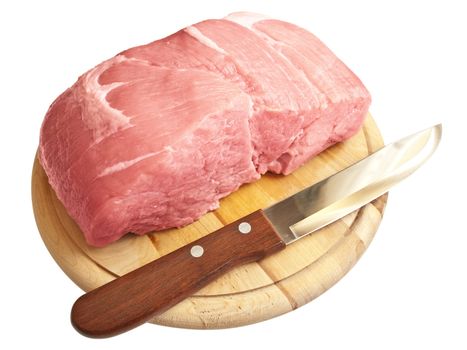 piece of raw meat and kitchen knife on the board