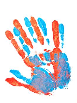 blue and red hand prints over the white background