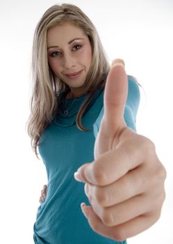 smiling woman showing approval sign on an isolated white background
