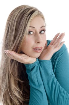posing charming female against white background