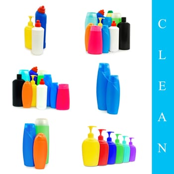 set of different toiletries bottles images over white background