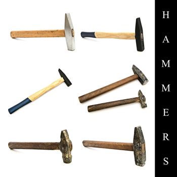 set of different hammers images over white background
