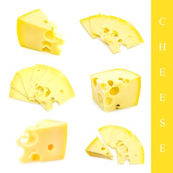 set of different cheese images over white background