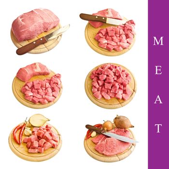 set of different meat images over white background