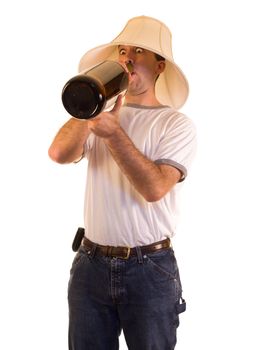 A drunk man drinking from a giant bottle