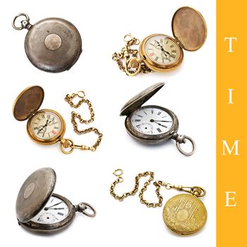 set of different pocket watch images over white background