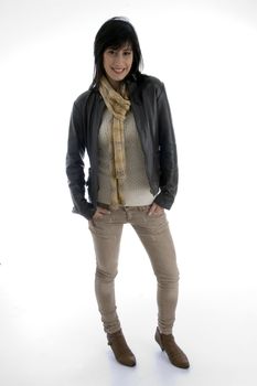 standing beautiful woman with muffler on an isolated white background