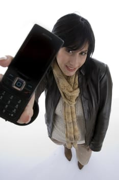 happy woman showing cell phone with white background