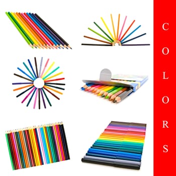 set of different pencils and felt-tips images over white background