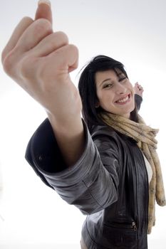happy successful woman on an isolated white background