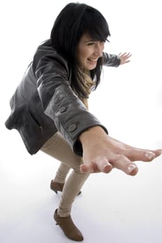woman posing with open palms against white background