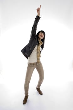 woman pointing upwards isolated on white background