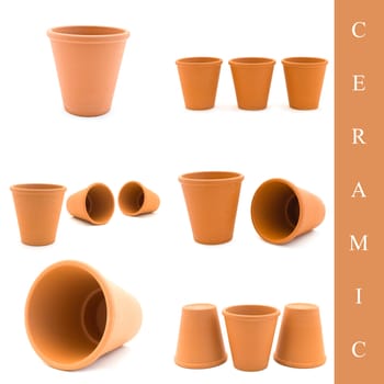 set of different ceramic pots images over white background
